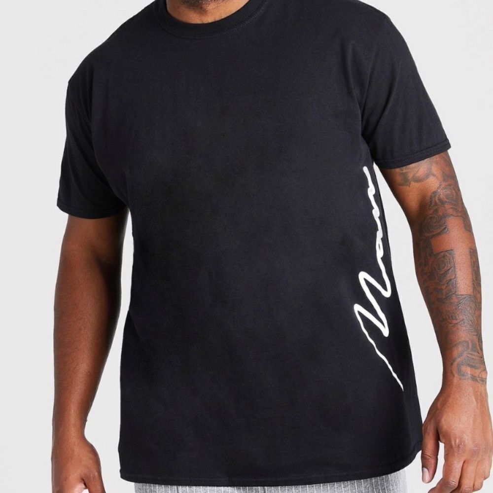 boohooMan- Black T-shirt with White script "Man" on side